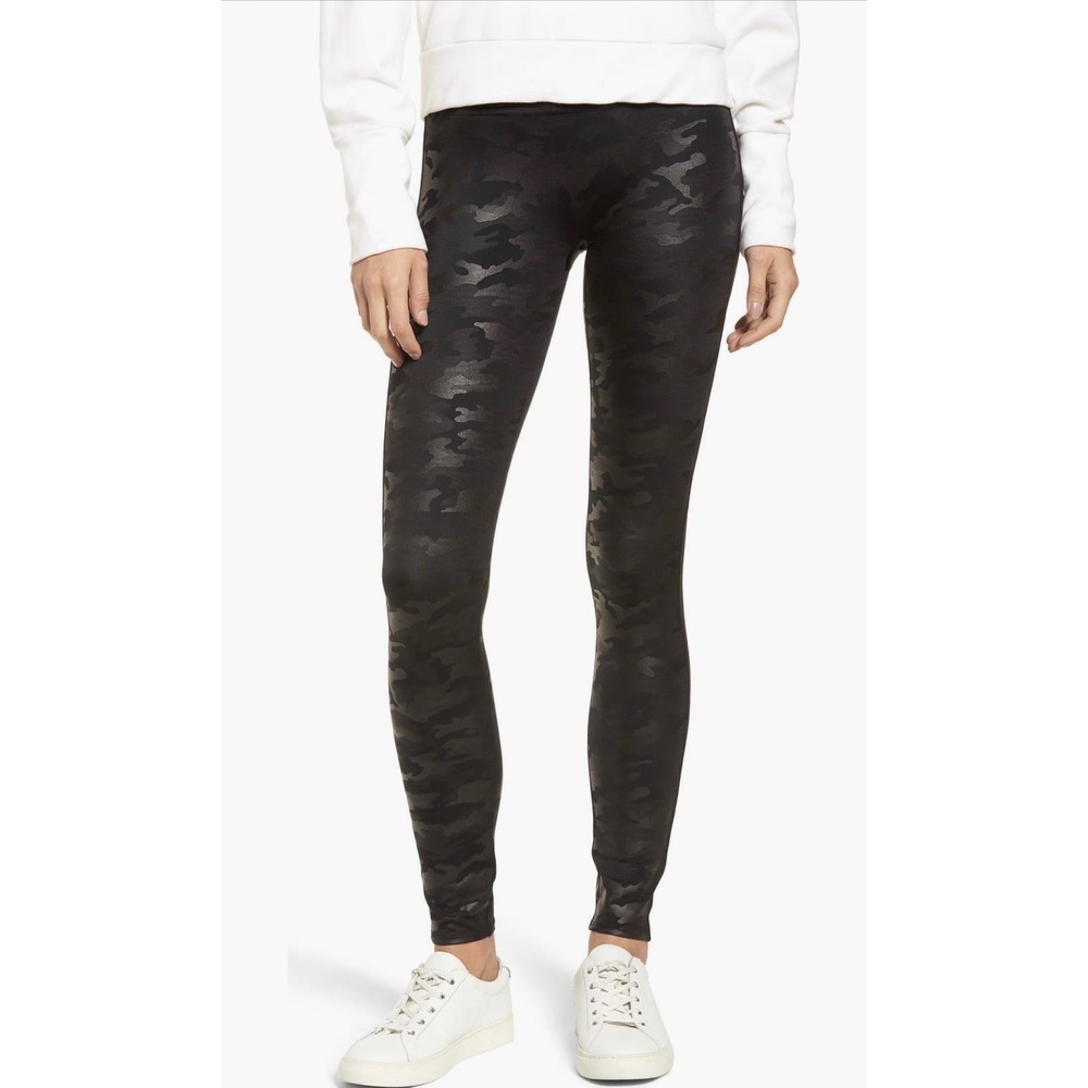 Spanx Faux Leather Camo High Waist Black Leggings | Sz M | EUC